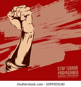 Raised protest human fist. Retro revolution grunge poster design