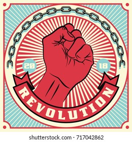 Raised protest human fist. Retro revolution poster design. Vintage propaganda illustration