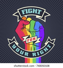 Alza protesta orgullo arcoiris color puño humano. Diseño de afiches de la revolución retro. Vintage propaganda lgbt cita con la mano. Ilustración de impresión de camisetas vectoras