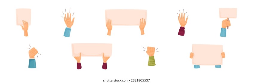 Raised Up Protester Arm with Banner in Hand Vector Set