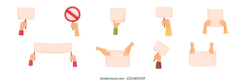 Raised Up Protester Arm with Banner in Hand Vector Set