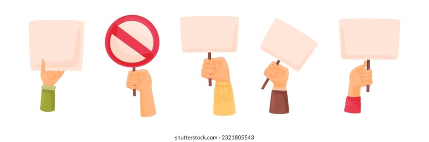 Raised Up Protester Arm with Banner in Hand Vector Set