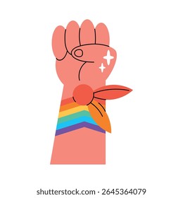 Raised rainbow fist symbolizing LGBTQ pride and resistance

