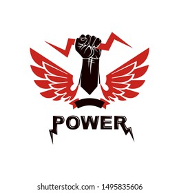 Raised strong clenched fist composed with lightning, winged logo. Boxing club abstract emblem can be used as tattoo.
