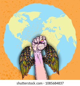 Raised strong clenched women fist winged on earth globe orange background. Fight like a girl.  Symbol of champion power. Vector