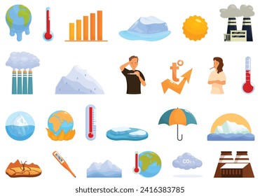 Raised temperature icons set cartoon vector. Global warming. Climate weather