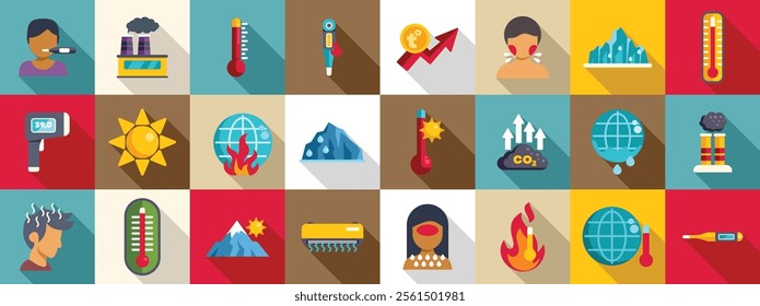 Raised temperature icons set. Icons depicting rising temperatures, co2 emissions, melting glaciers, heat related illness, and economic consequences of global warming