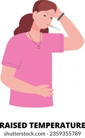 Temperatura elevada. infografía de síntomas de enfermedad. Mujer con fiebre aislada de fondo blanco