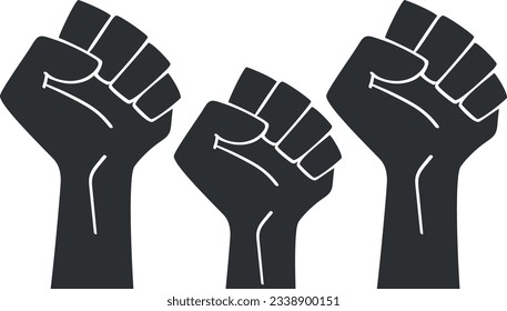 Raised three fists outline isolated on a white background. Clenched fist held in protest. Revolution fist raised in the air. Vector illustration