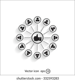 a raised thumb and the people around. vector icon