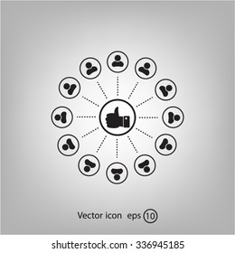 a raised thumb and the people around. vector icon
