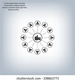 a raised thumb and the people around. vector icon
