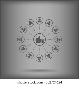 a raised thumb and the people around. vector icon