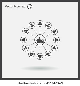a raised thumb and the people around. vector icon