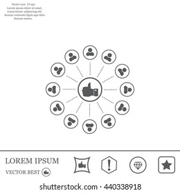 a raised thumb and the people around. vector icon