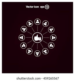 a raised thumb and the people around. vector icon