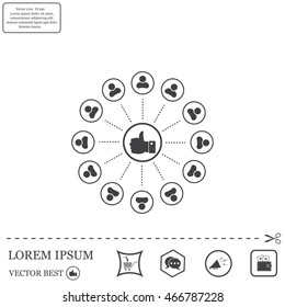 a raised thumb and the people around. vector icon