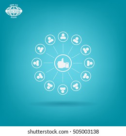 a raised thumb and the people around. vector icon