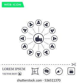 a raised thumb and the people around. vector icon