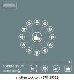 a raised thumb and the people around. vector icon