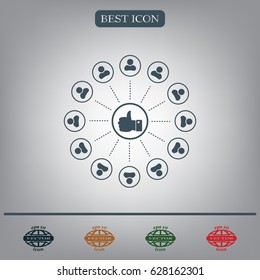 a raised thumb and the people around. vector icon