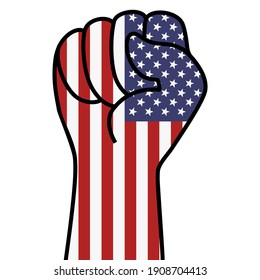 Raised usa flag fist. Fist shape american flag color. Stars stripes american hand. Patriotic demonstration, rebel, protest, fighting for human rights. Vector  flat icon, symbol for web banner, posts