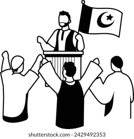 raised voice to address audience vector design, yaum-e-pakistan Symbol, Islamic republic or resolution day Sign, 23 March national holiday stock, Pakistani Leadership giving Speech on Rostrum concept