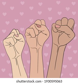 Raised women's fists on pink background with hearts