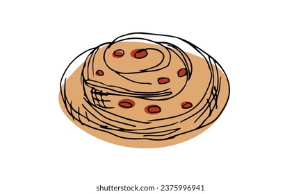 Ilustración vectorial de raisin bun , boceto dibujado a mano aislado de comida en blanco, doodle de estilo plano, bollo sabroso , comida callejera hecha a mano al estilo de dibujos animados para diferentes usos de diseño.