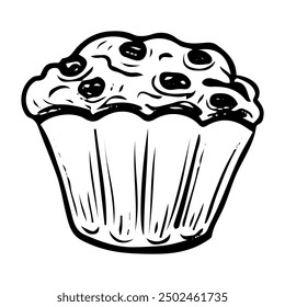 Raisin cupcake hand drawn doodle. Biscuit, muffin. Dessert food. Confectionery sweets. Sugar pastry. Bakery products. Vector outline line art illustration.