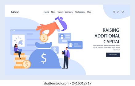 Elevar la web de capital adicional o aterrizar. Reflejar la inyección estratégica de fondos en las empresas para impulsar el crecimiento y el desarrollo. Ilustración vectorial plana