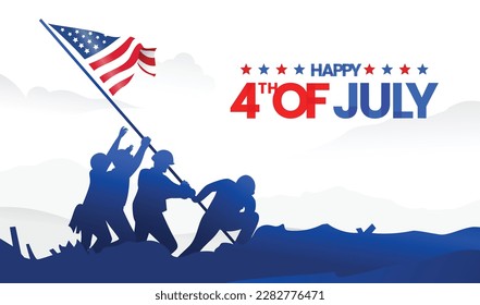 Raising the American flag on Iwo Jima, 4th of July independence day banner background. Promotional advertising banner template for background, Poster, or Banner. Vector illustration.