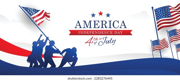 Raising the American flag on Iwo Jima, 4th of July independence day banner background. Promotional advertising banner template for background, Poster, or Banner. Vector illustration.