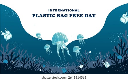 raising awareness for International Plastic Bag Free Day. Illustration of jellyfish swimming among plastic bags in the ocean,  Highlights the danger of plastic pollution to marine life and ecosystems.