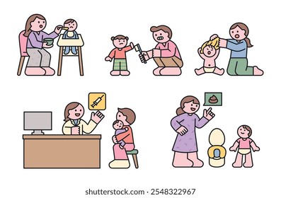 Raising a baby. Feeding baby food, brushing teeth, dressing the baby, toilet training, preventive measures. outline simple vector illustration.