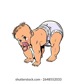 Criar um bebê e suas primeiras conquistas. Uma criança pequena com uma chupeta. Publicidade e oferta para crianças e pais. Desenho animado pop art retro vetor ilustração desenho à mão. Em um branco