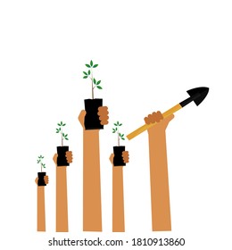 Raising a bag of trees to plant on reforestation concepts. 