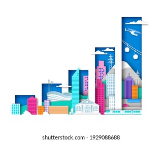 Raising Bar Graph With City Elements, Urban Landscape. Vector Illustration In Paper Art Style. Modern City Development.