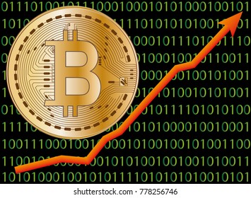 raising bitcoin course vector graphic with binary code on the black background