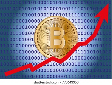 raising bitcoin course vector graphic with biary code on the blue background