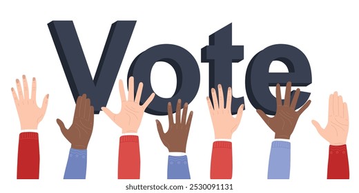 Raising black and white hands in red and blue sweaters for vote. Hand drawn vector illustration in flat style. Concept of elections 2024, every vote matters, protest, agitation, web banner