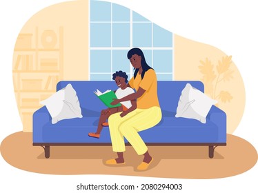 Raising bookworm kid 2D vector isolated illustration. Mother reading book to male child flat characters on cartoon background. Spending time together. Cognitive skills development colourful scene