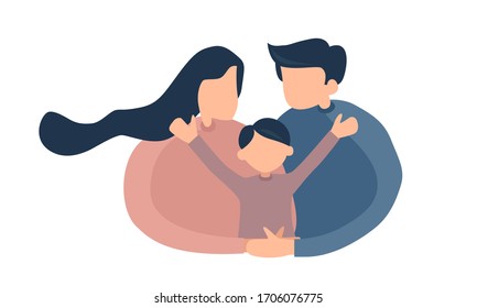 Raising a child concept. Parenting illustration. Happy family with one children. Father, mother, and son. Flat style illustration.