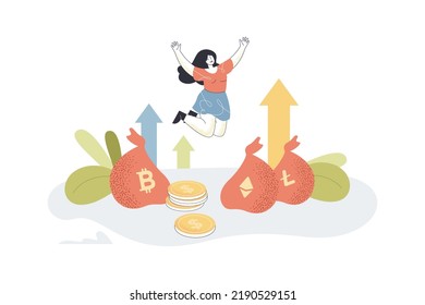 Raising cryptocurrency rate of happy woman. Up arrows and money bags by tiny female character flat vector illustration. Exchange, hyip, profit concept for banner, website design or landing web page