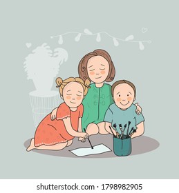 Raising in a family. Mom is engaged with children in creativity, drawing. Hand drawn style vector design illustration.