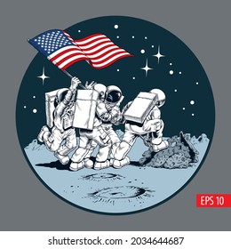 Raising the flag on the Moon. Astronauts with American flag on another planet. Vector illustration.