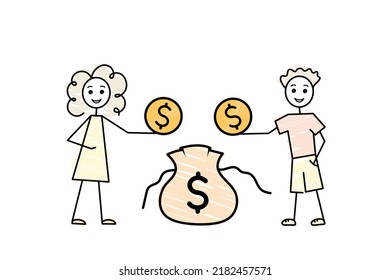 raising funds for charity, donation, raise money, sketch boy and girl save money in money bag with dollar sign, black outline vector illustration