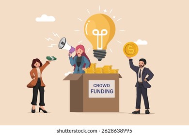 Raising Funds for Innovation. Conceptual Illustration of Individuals Investing in a Light Bulb Idea Through Crowdfunding.