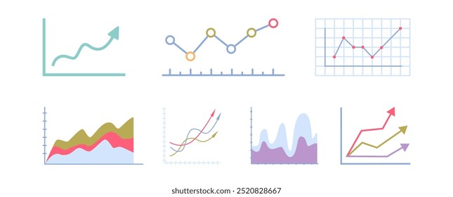 Gráficos en aumento, conjunto aislado de gráficos modernos con visualización de datos. Vector recopiló información para proyectos de negocio, análisis y presentación, paneles de interfaz de usuario para la empresa