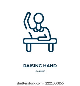 Icono de la mano levantando. Ilustración vectorial lineal de la colección de aprendizaje. Esquema que eleva el vector de icono de la mano. Símbolo de línea delgada para uso en aplicaciones web y móviles, logotipo, medios impresos.